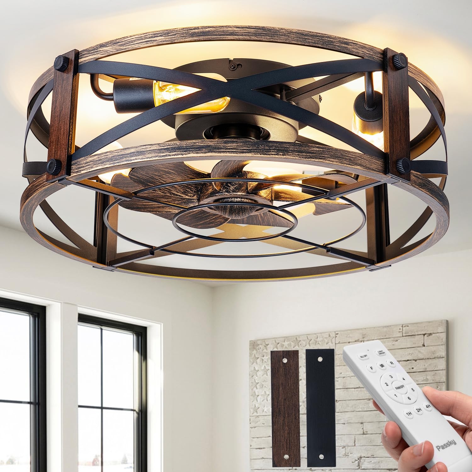 20" Caged Ceiling Fans with Lights and Remote, Low Profile Fandelier