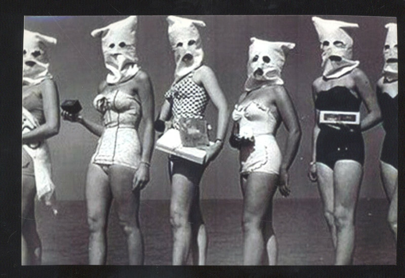 REAL PHOTO BEAUTY PAGEANT SWIMSUIT GIRLS BAGS ON THEIR HEADS POSTCARD COPY