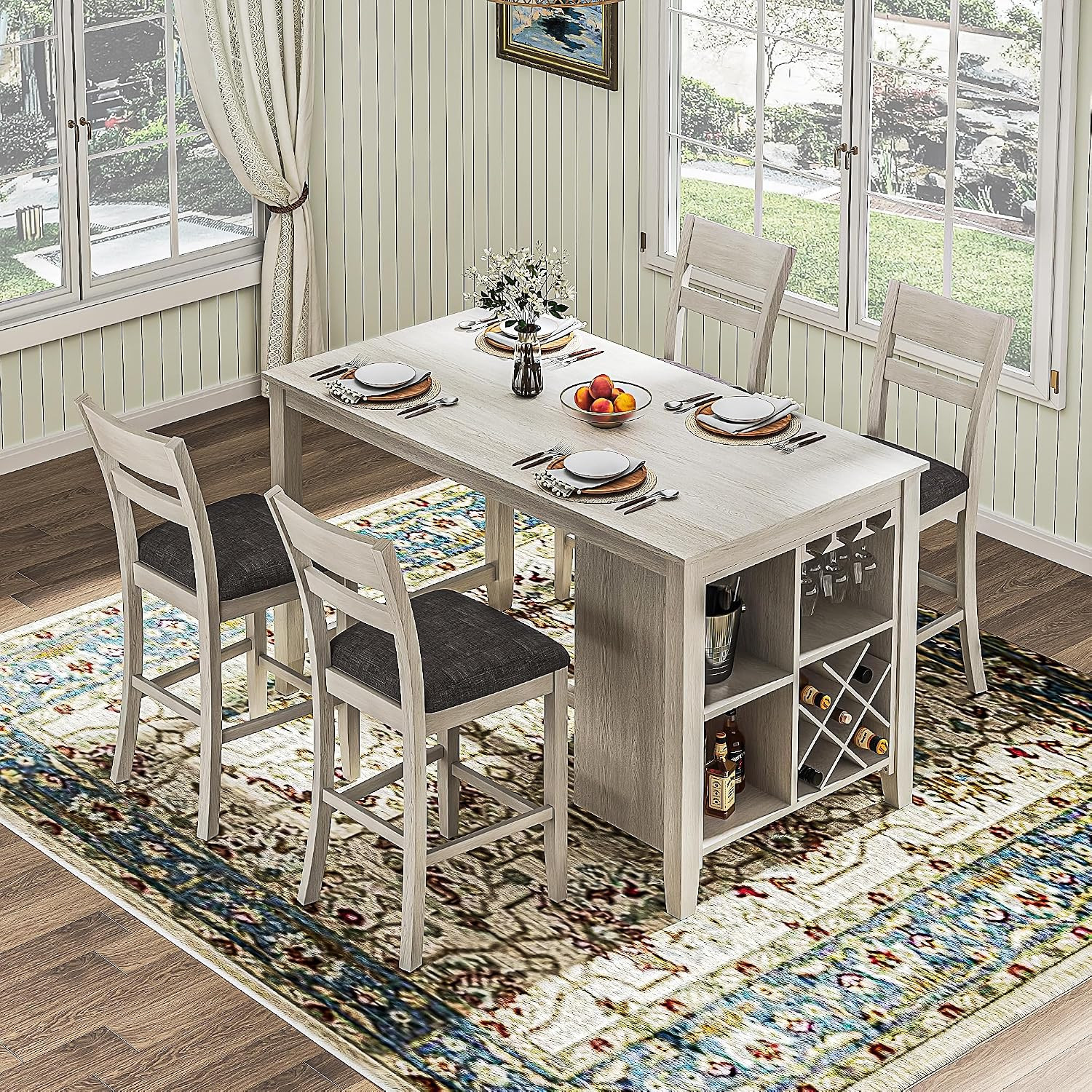 5-Piece Solid Wood Dining Table Set for 4 with Storage Shelves/Wine Rack/Glass H