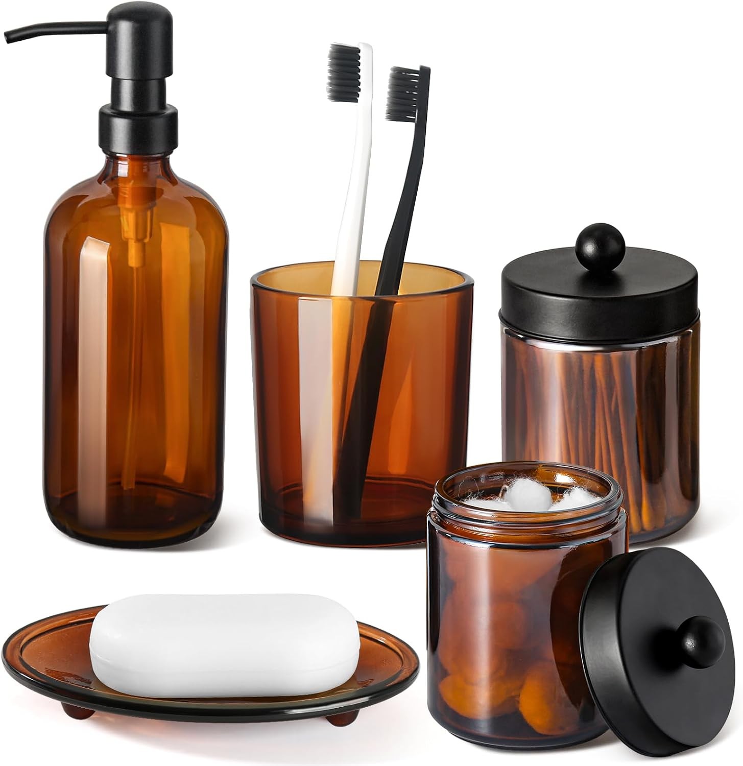 GMISUN Bathroom Accessories Set, 5 Pack Amber Glass Bath Accessory Sets Complete