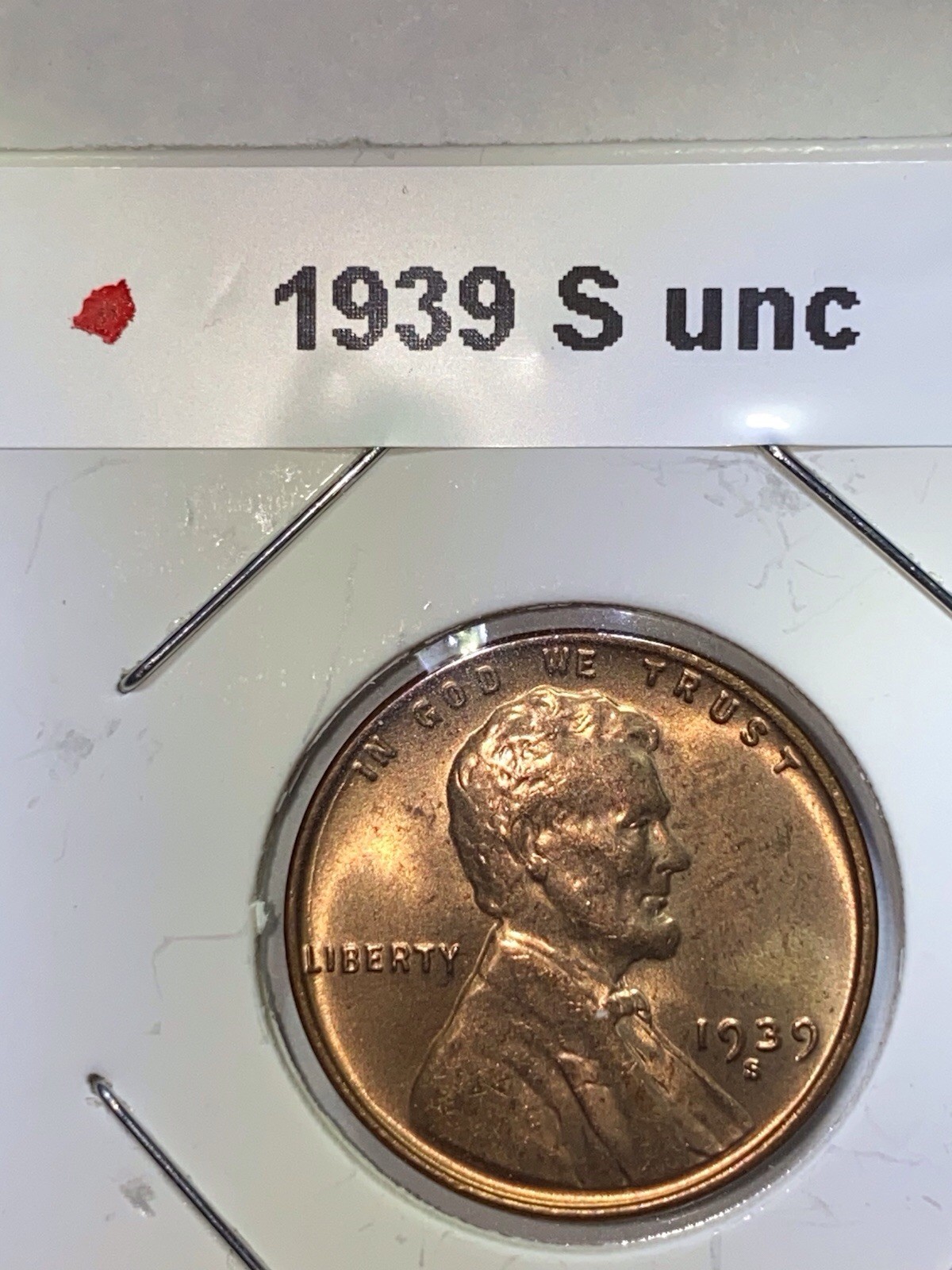 1939 S Lincoln Wheat Cent Penny, Uncirculated, Red. Nice Coin. Free Shipping.