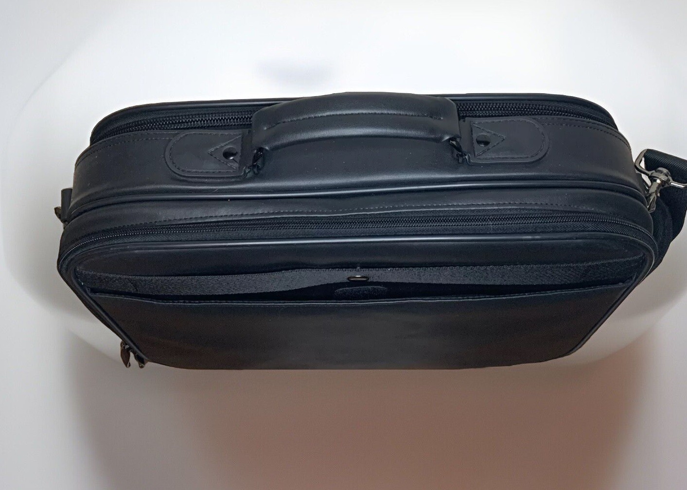 Black Leather Document Laptop Briefcase Multi Pocket W/Handle & Carrying Strap