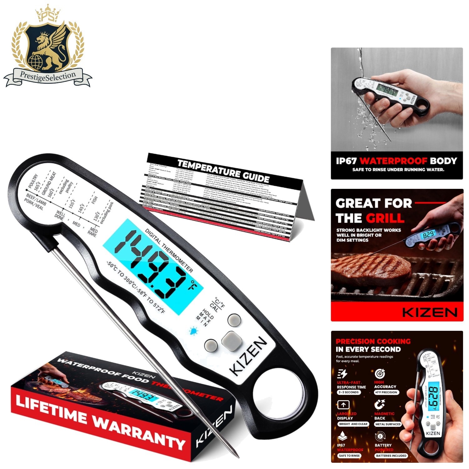 Digital Meat Thermometer: Instant Read, Waterproof, Large Display - Grill Master