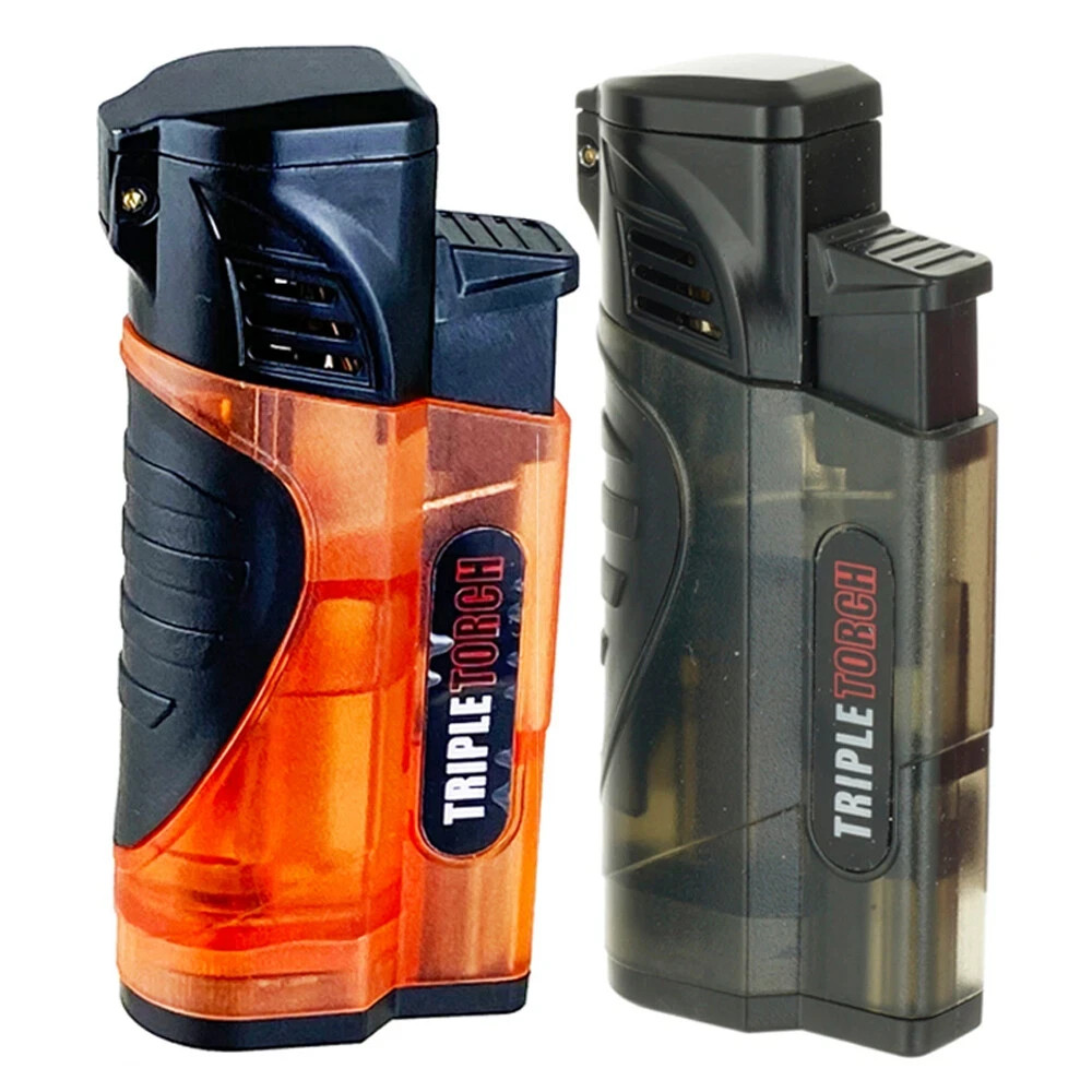 4 PACK QUAD Clear Color Torch Lighter Adjustable Flame W/Cigar Puncher