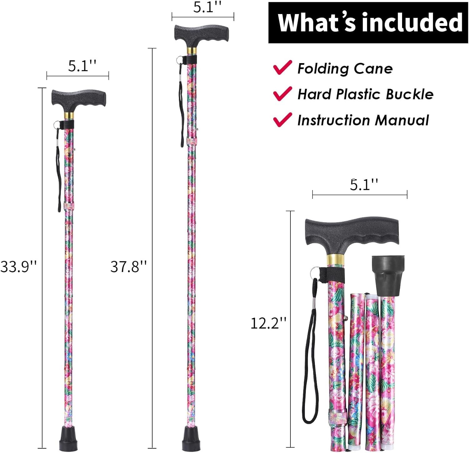 Adjustable Lightweight Pink Walking Cane with Anti-Slip Tip