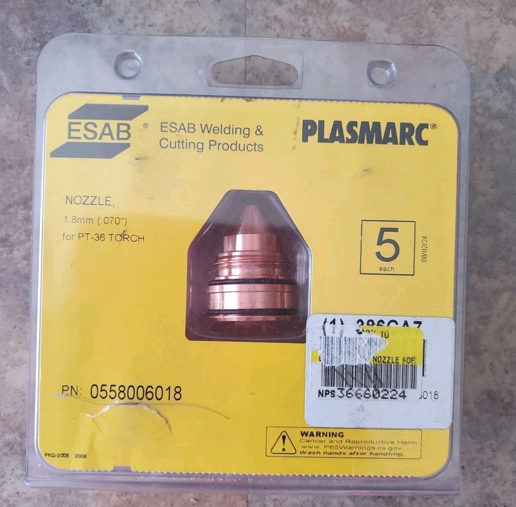 Pack of 5 Esab Plasmarc Nozzle 1.8mm / .070" 0558006018 for PT-36 Torch