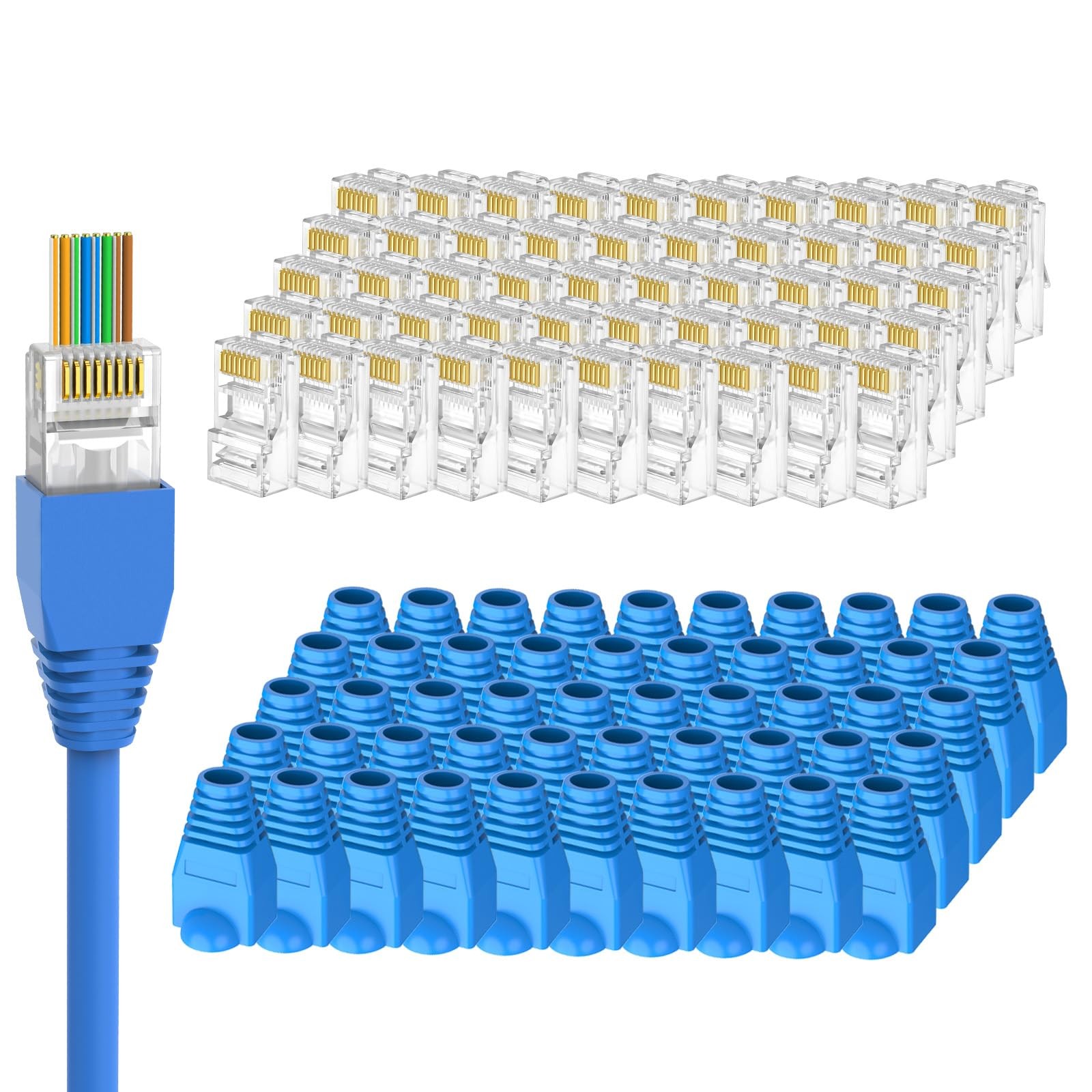 Brileine UTP RJ45 Connectors, Cat6 Pass Through Plugs 50+50-Pack, Clear