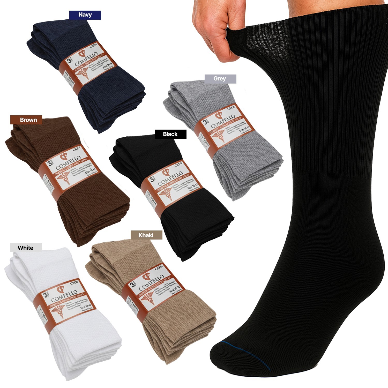 6 Pairs Diabetic Crew Socks Mens Circulatory Cotton Non Binding 9-11 10-13 13-15