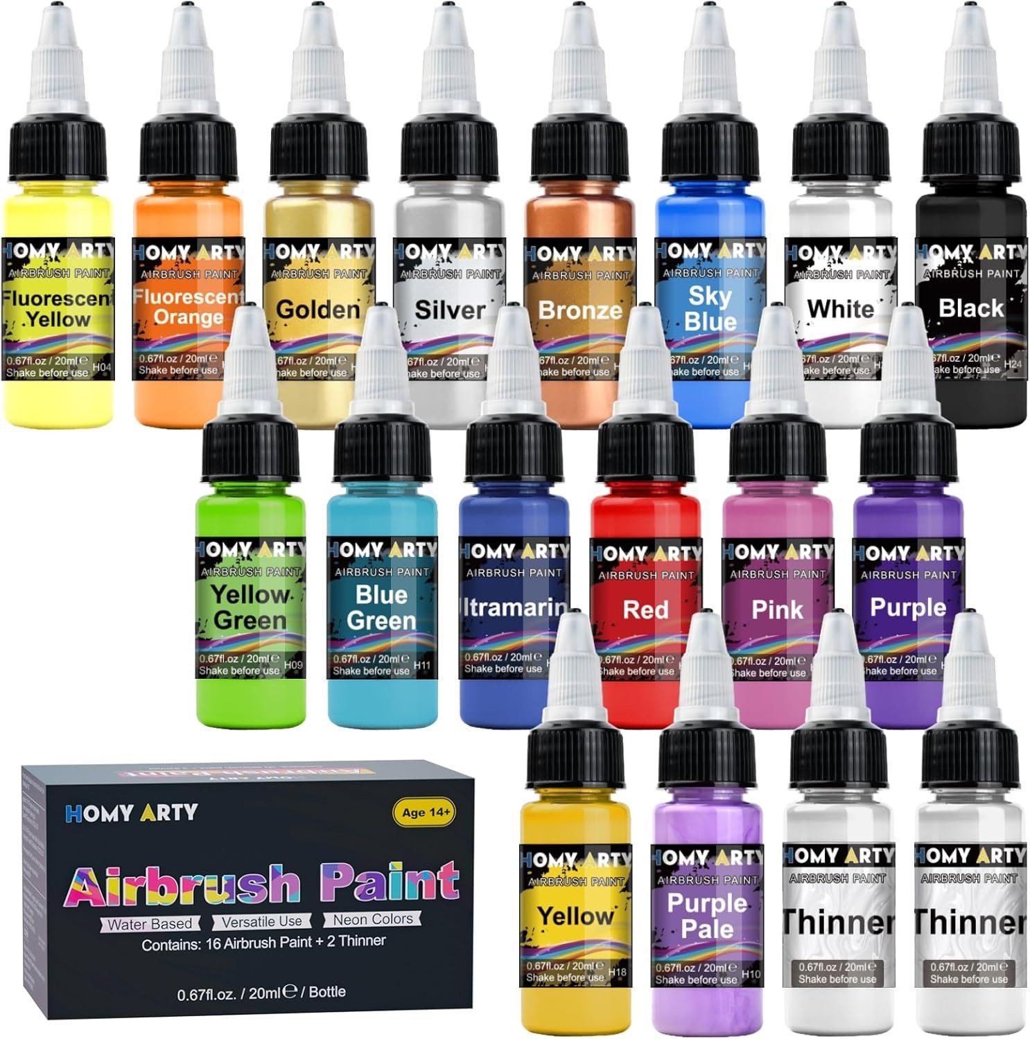 Ready to Spray Acrylic Airbrush Paint Set: 16 Colors + 2 Thinners - Easy Cleanup