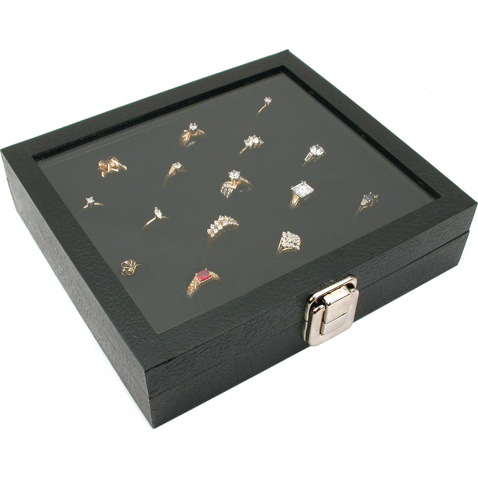 Glass Lid Case Black, 36 Slot Ring Insert Black 2Pcs