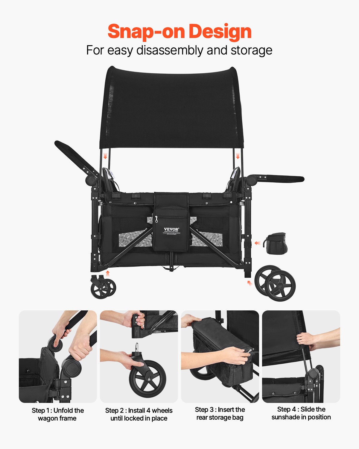 VEVOR Wagon Stroller 4 Kids Push Pull Quad Collapsible Stroller 330LBS Loading