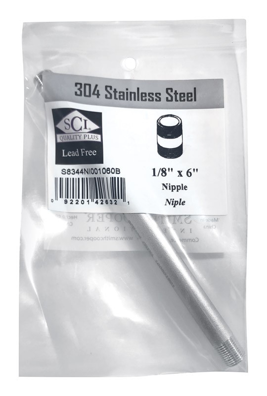 Smith-Cooper 4632100070 Stainless Steel Lead-Free Nipple 1/8 MPT x 6 L in.