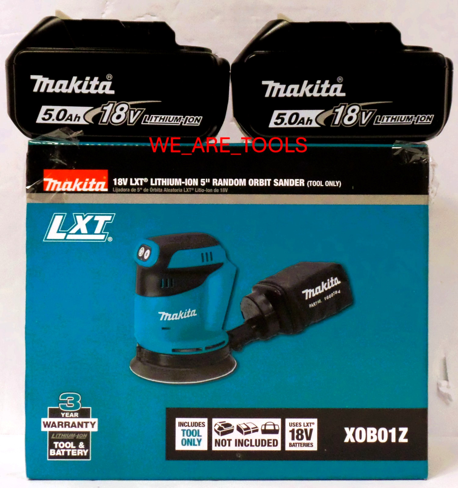 NEW Makita XOB01Z 18 Volt 5" Cordless Orbital Sander, 2) BL1850B 5.0 Ah Battery