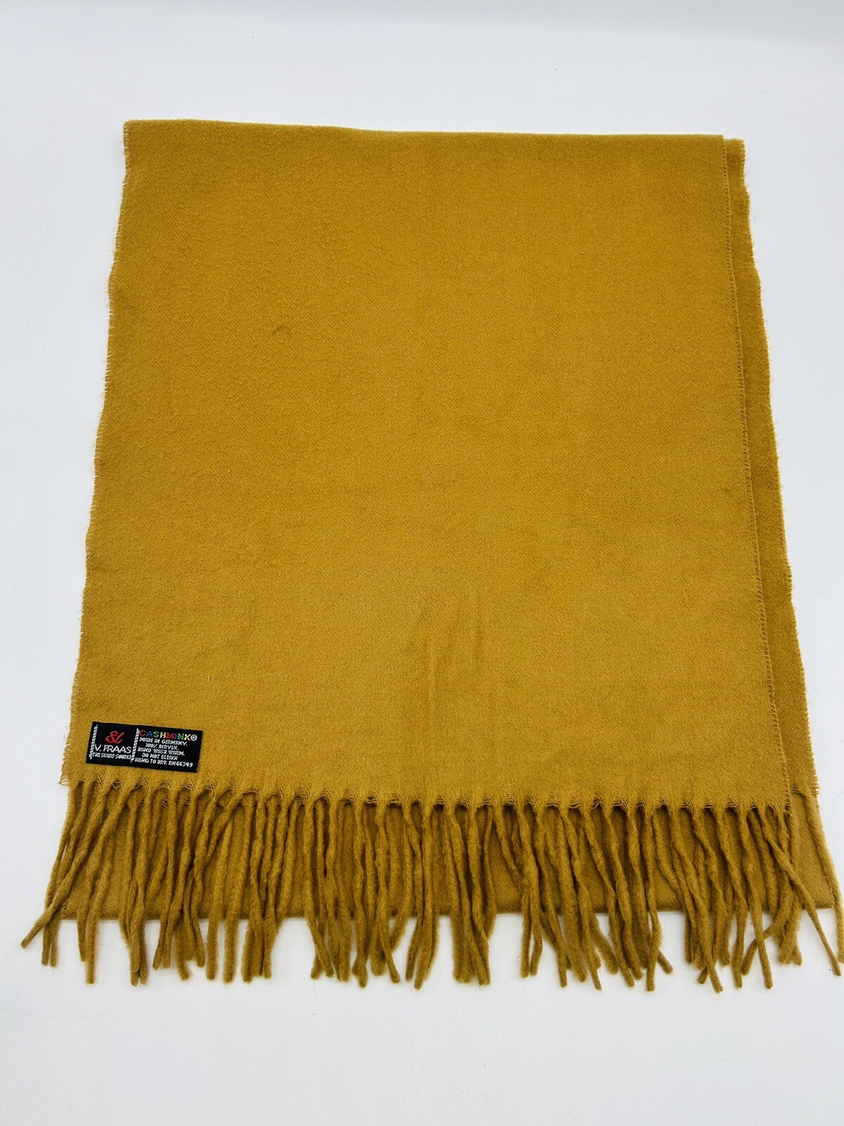 Mens V Fraas Cashmink Tan Scarf Acrylic Made in Germany Fringe 13.5”x64”