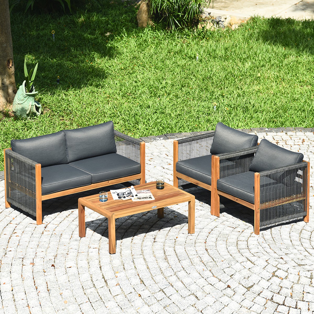 4PCS Acacia Wood Garden Patio Furniture Set Cushioned Sofa W/Nylon Rope Armrest