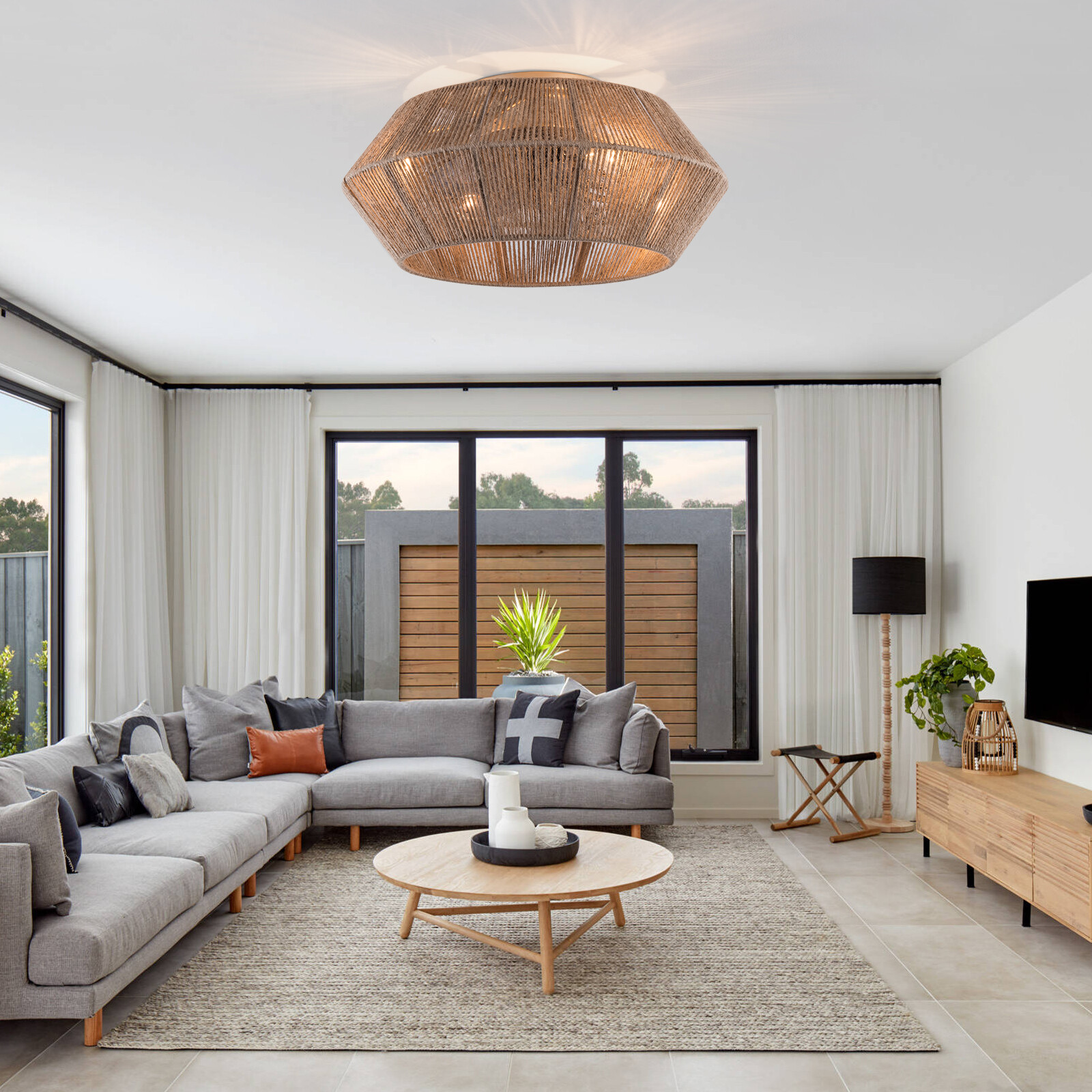 Boho Ceiling Fan Rattan Caged Flush Mount Fan Light +Remote Control Ceiling Fan