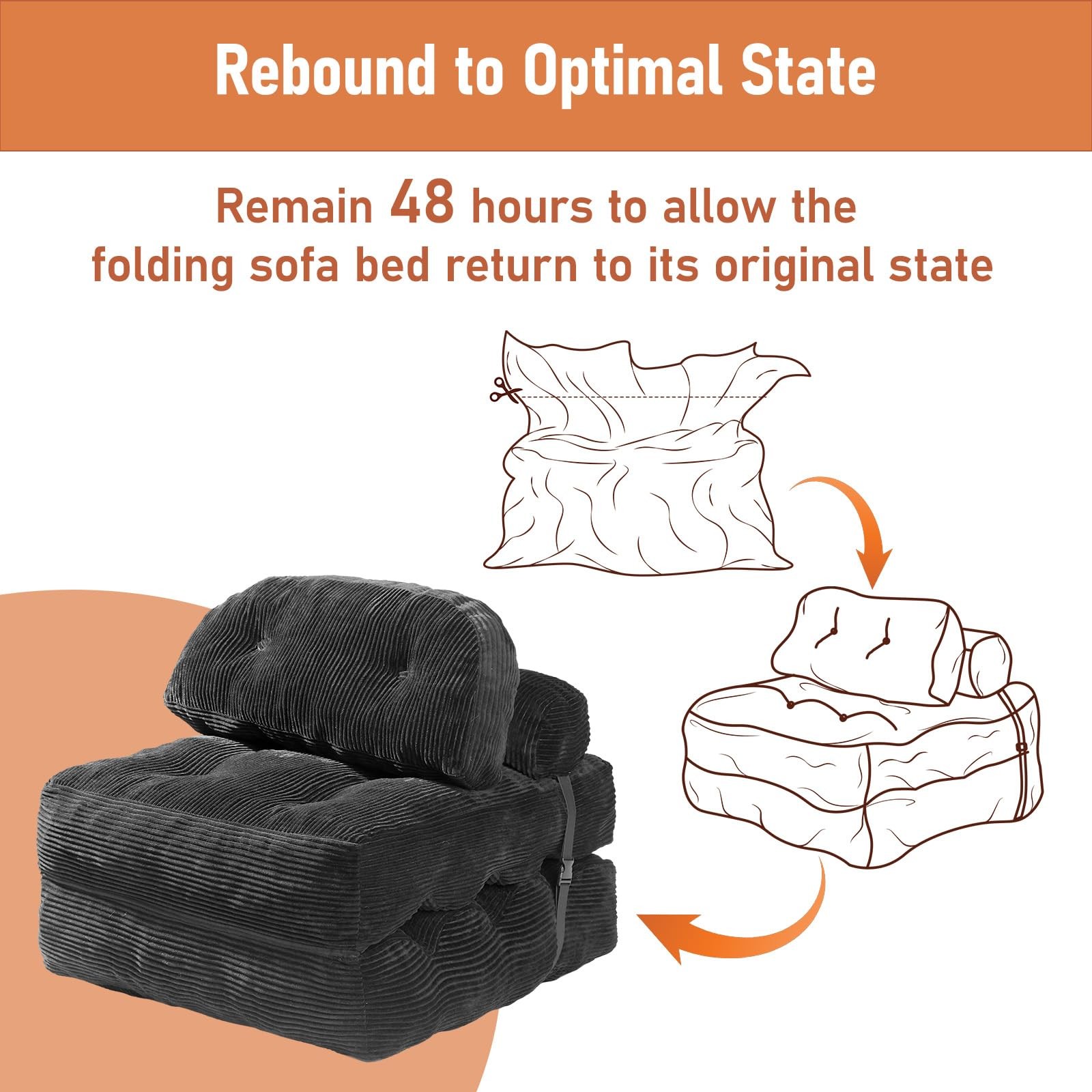 Vellorise Folding Sofa Bed, Convertible Sleeper Chair with Back Support and P...