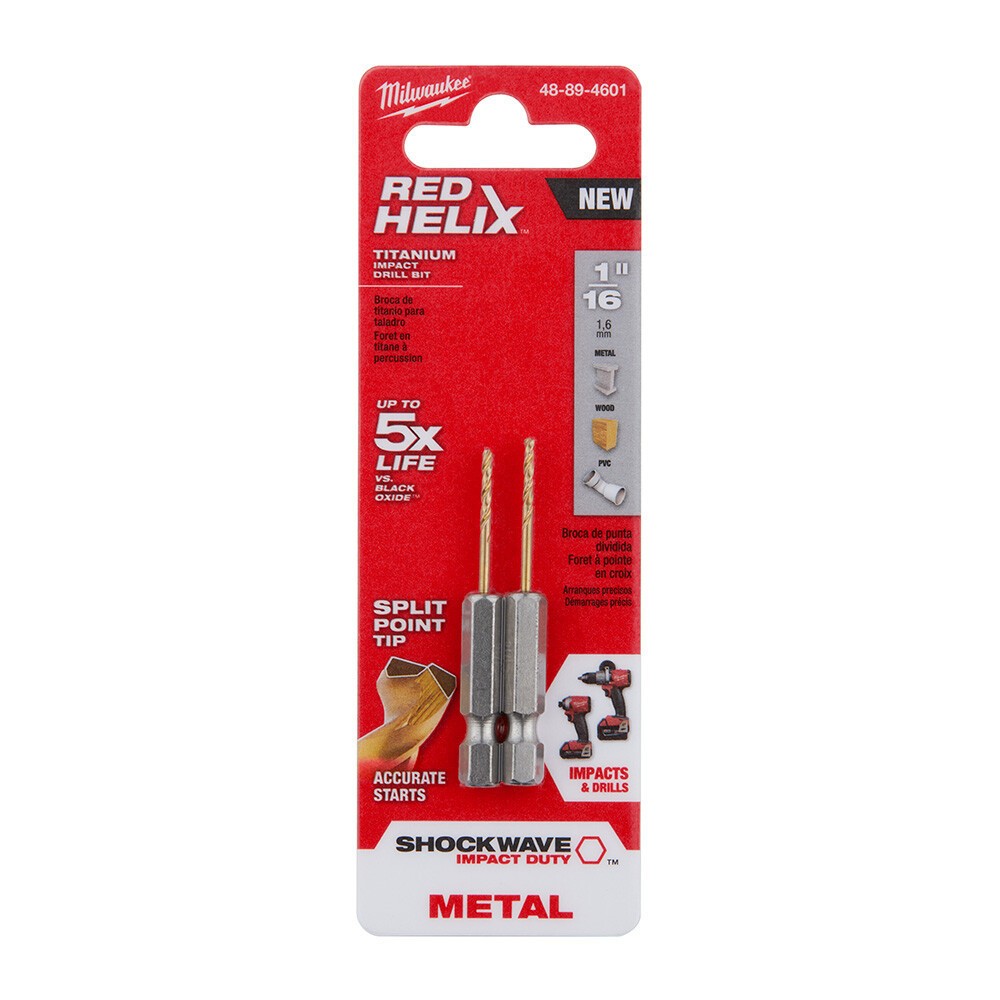 (J) Milwaukee 1/16" SHOCKWAVE RED HELIX™ Titanium Drill Bit, 2 pack (48-89-4601)