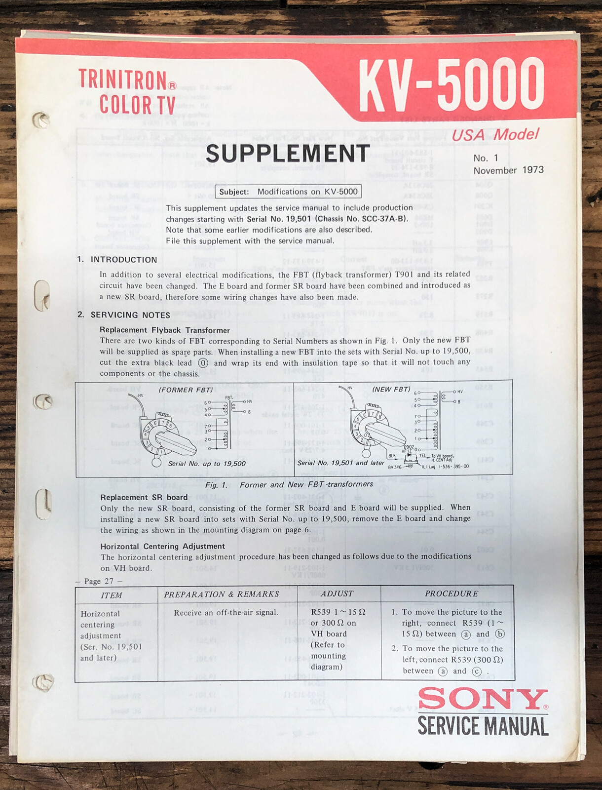 Sony KV-5000 TV Supp Service Manual *Original*