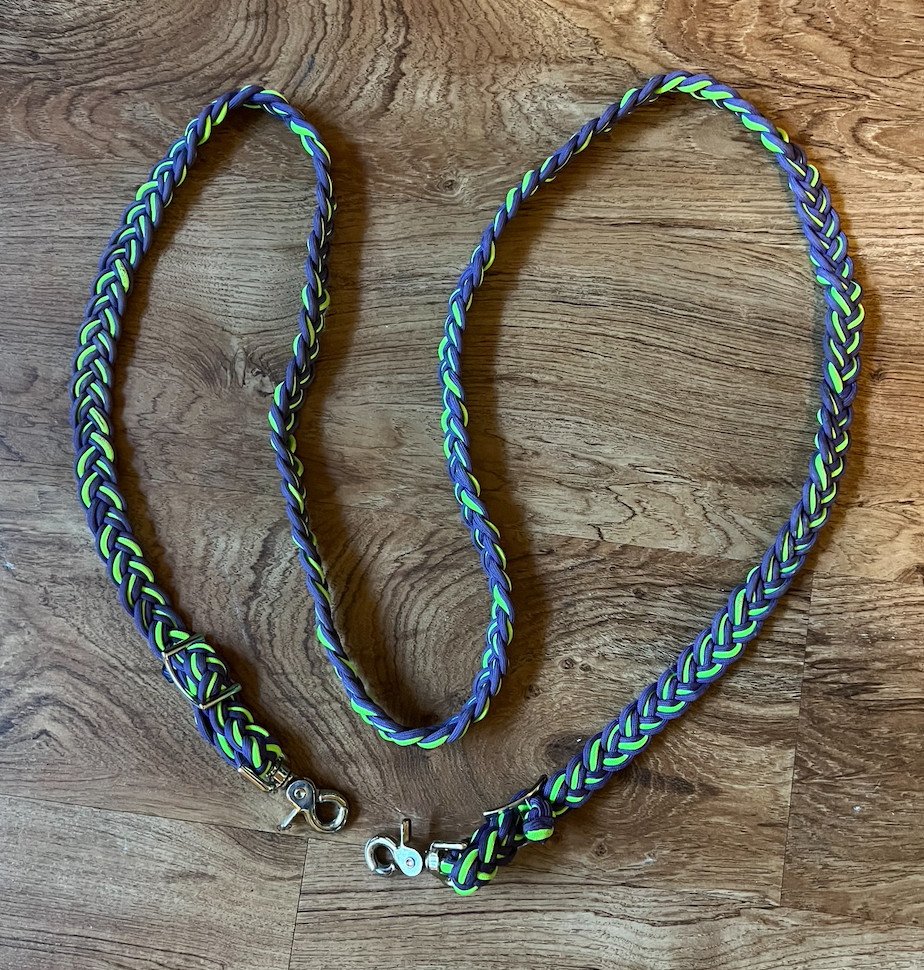 Purple & Green Adjustable Braided Clip-On Paracord Riding Reins