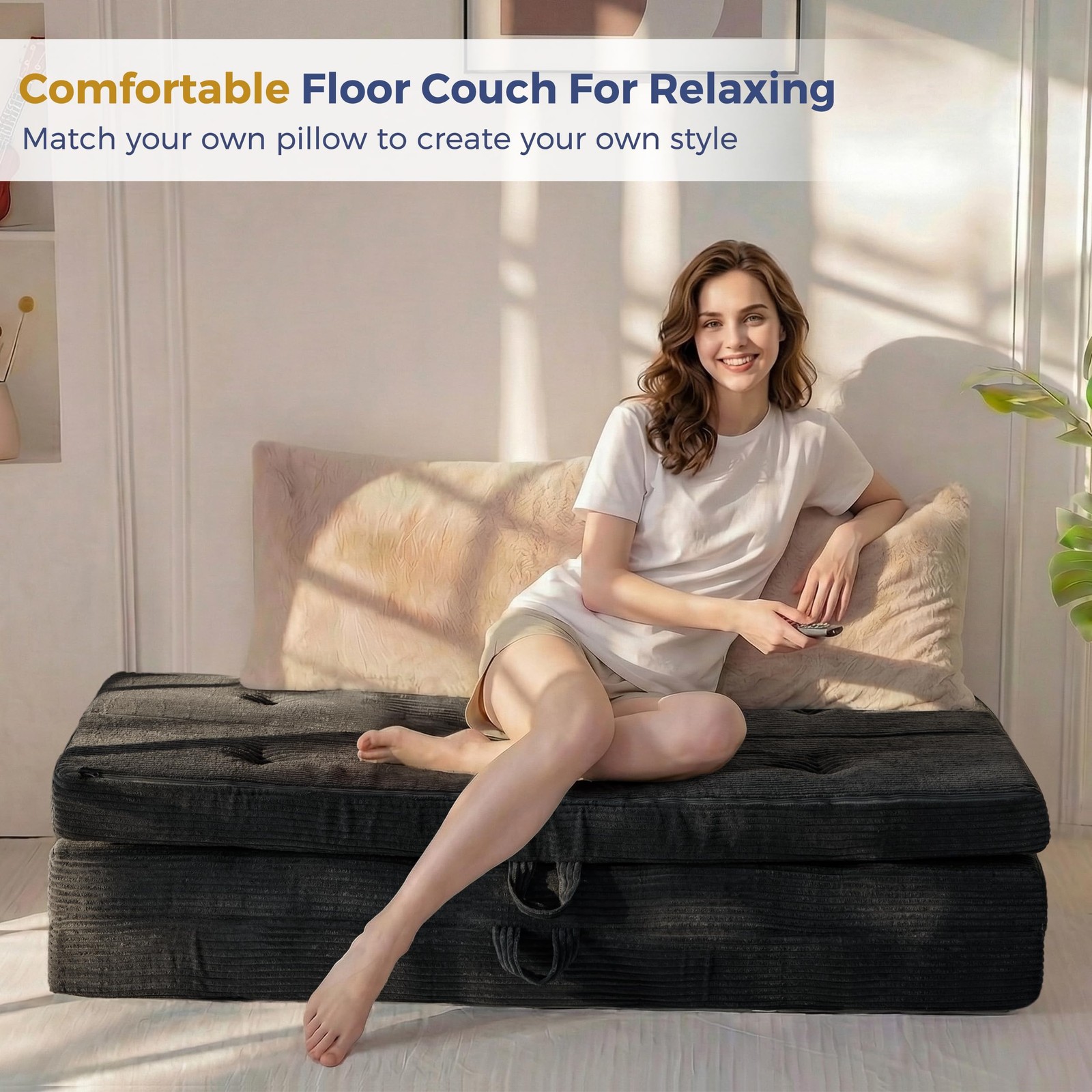 Foldable Sofa Couch Bed, 4 Inch Tufted Folding Mattress, Portable Floor Couch...