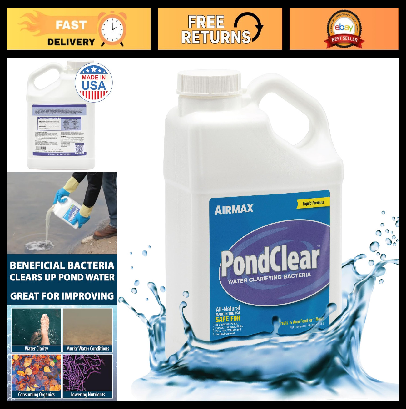 Pond Clear Liquid Bacteria - Natural Bio Clarifier for Lakes & Ponds, 1 Gallon