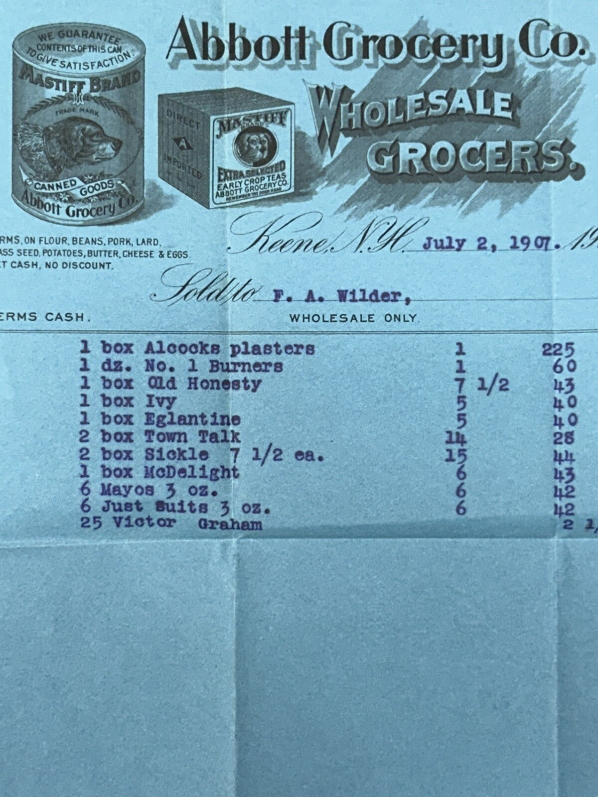 Keene New Hampshire 1907 Abbot Grocery Co Mastiff Brand Grocers Billhead