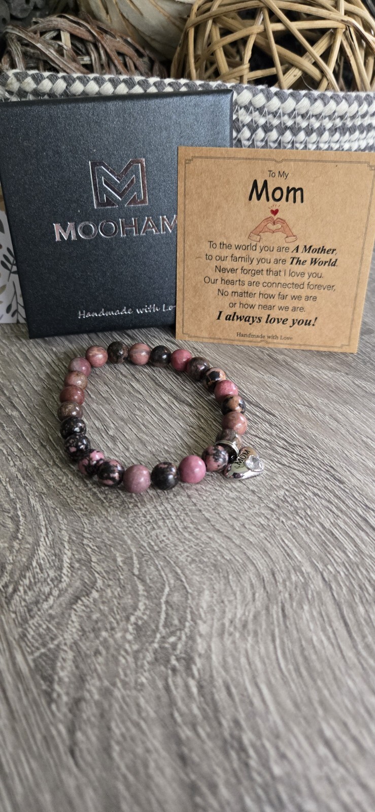 Mooham MOM Handmade Braclet With Jeweled Heart Charm.