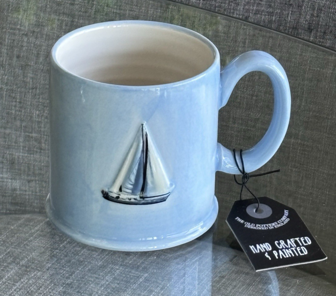 The Old Pottery Company SAILBOAT 12 oz Coffee Mugs Hand Painted Blue NWT
