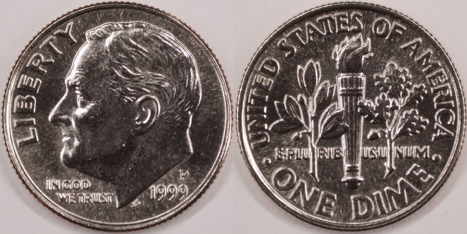United States 1999 P 10 Cents Roosevelt Dime KM#195a Clad Torch Olive Oak Branch