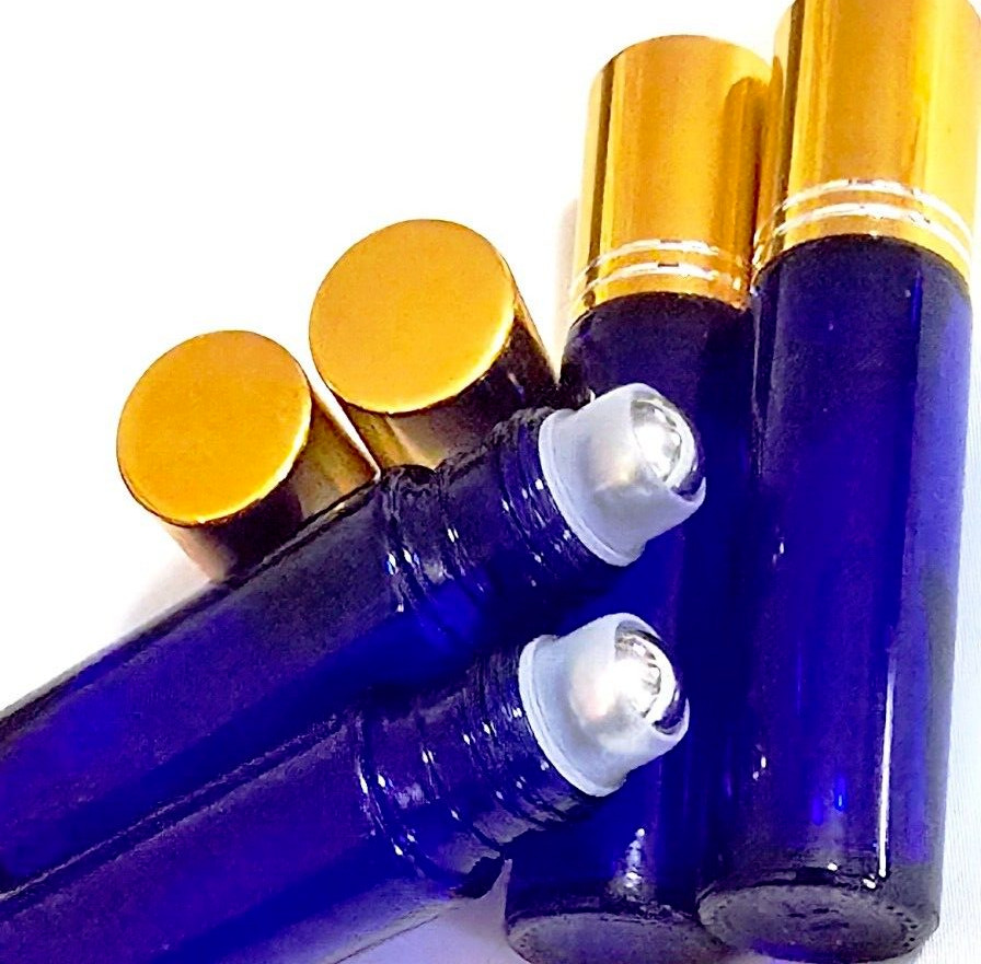 4pc Deep Blue Glass Essential Oil Roller Bottles with Mini Funnel