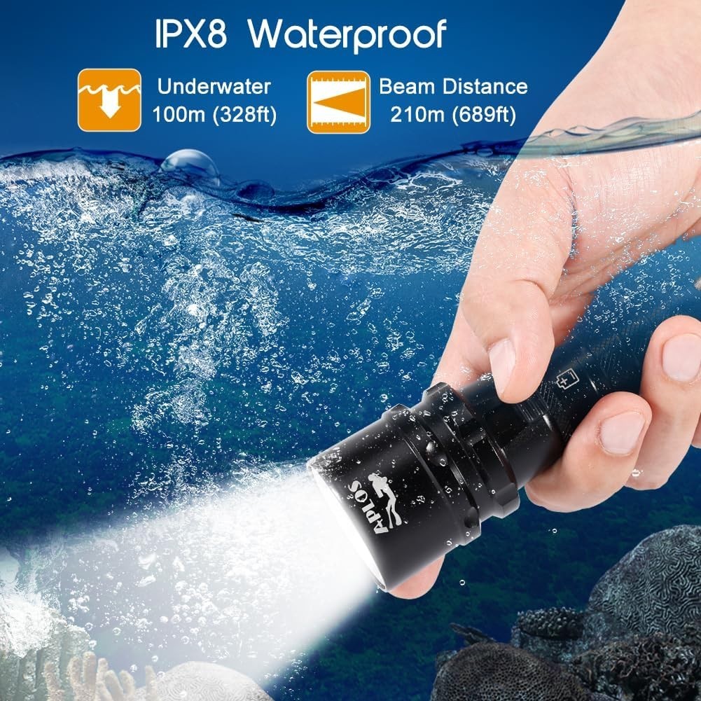 Compact 2000 Lumens Scuba Diving Light, Waterproof Torch