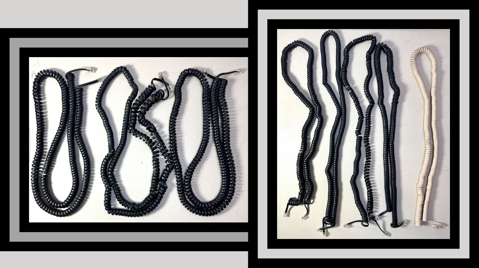 QTY 8 Phone 16 feet LONG Coiled Handset Cords 16 ft  (7 Black + 1 Tan) #835