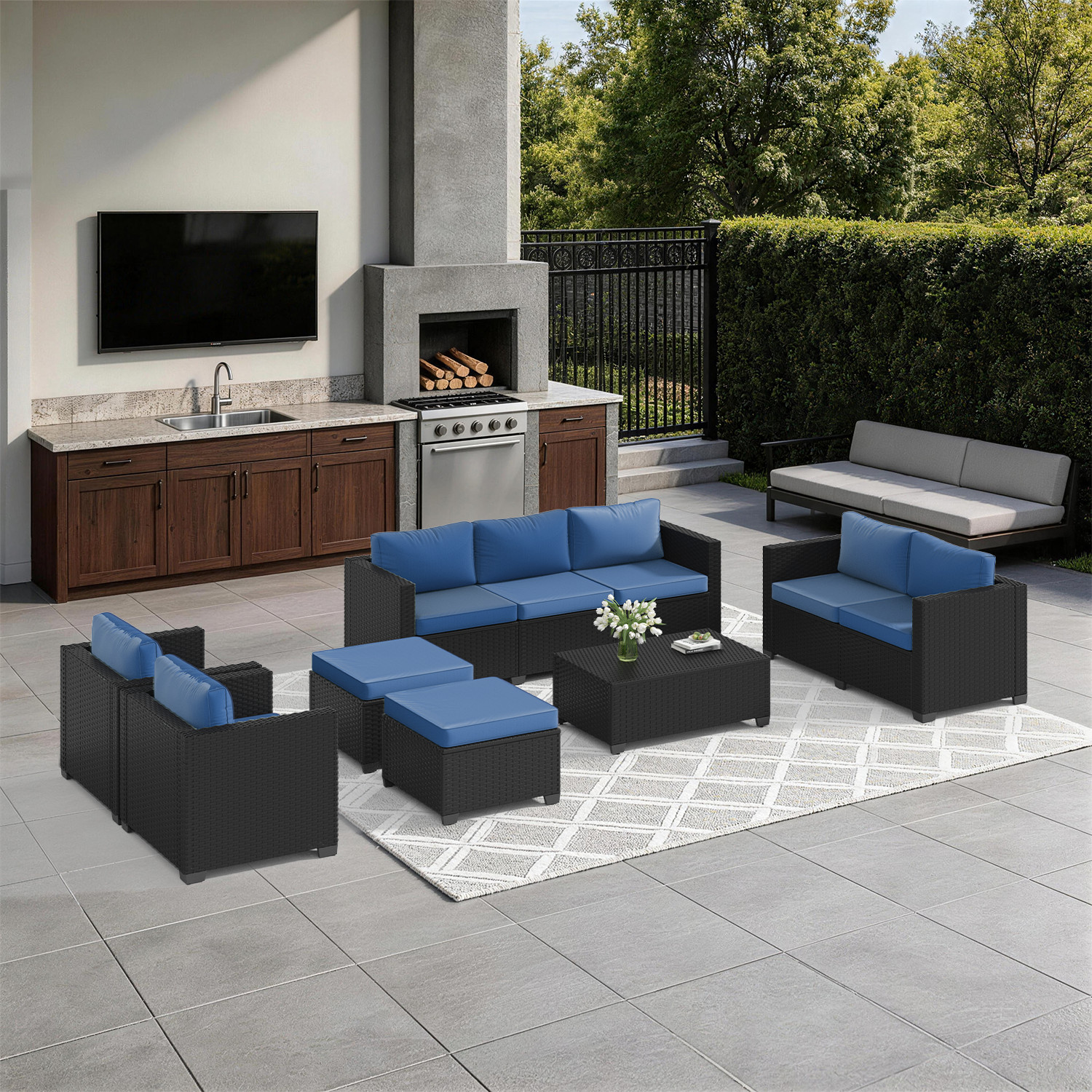 7-Piece Black Rattan Sofa Set w/ Storage Coffee Table Navy Blue 9-Seat
