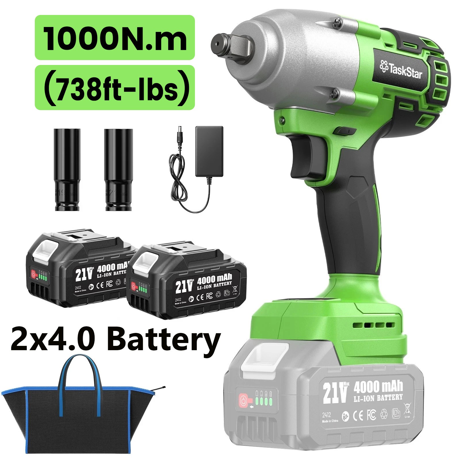 21V Electric Impact Wrench Cordless 1/2 " Brushless Motor 1000Nm 2X4.0Ah Battery