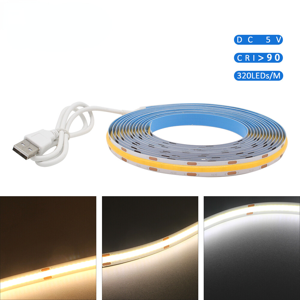 DC 5V USB COB LED Strip Light 320LEDs RA90 Flexible CRI 90 COB LED Tape Lamp