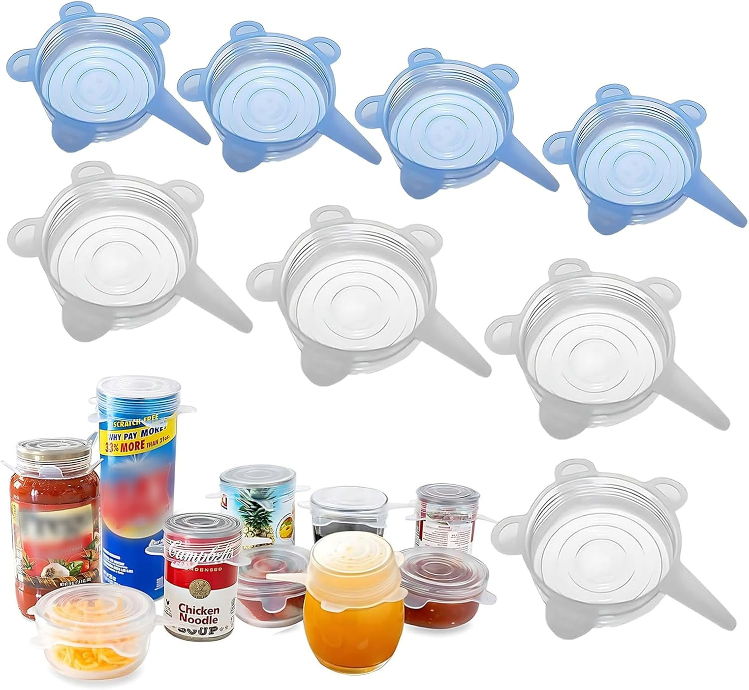 Silicone Can Covers, 8-Pack Reusable Silicone Lids (2.6in+3.3in) | Stretchable P
