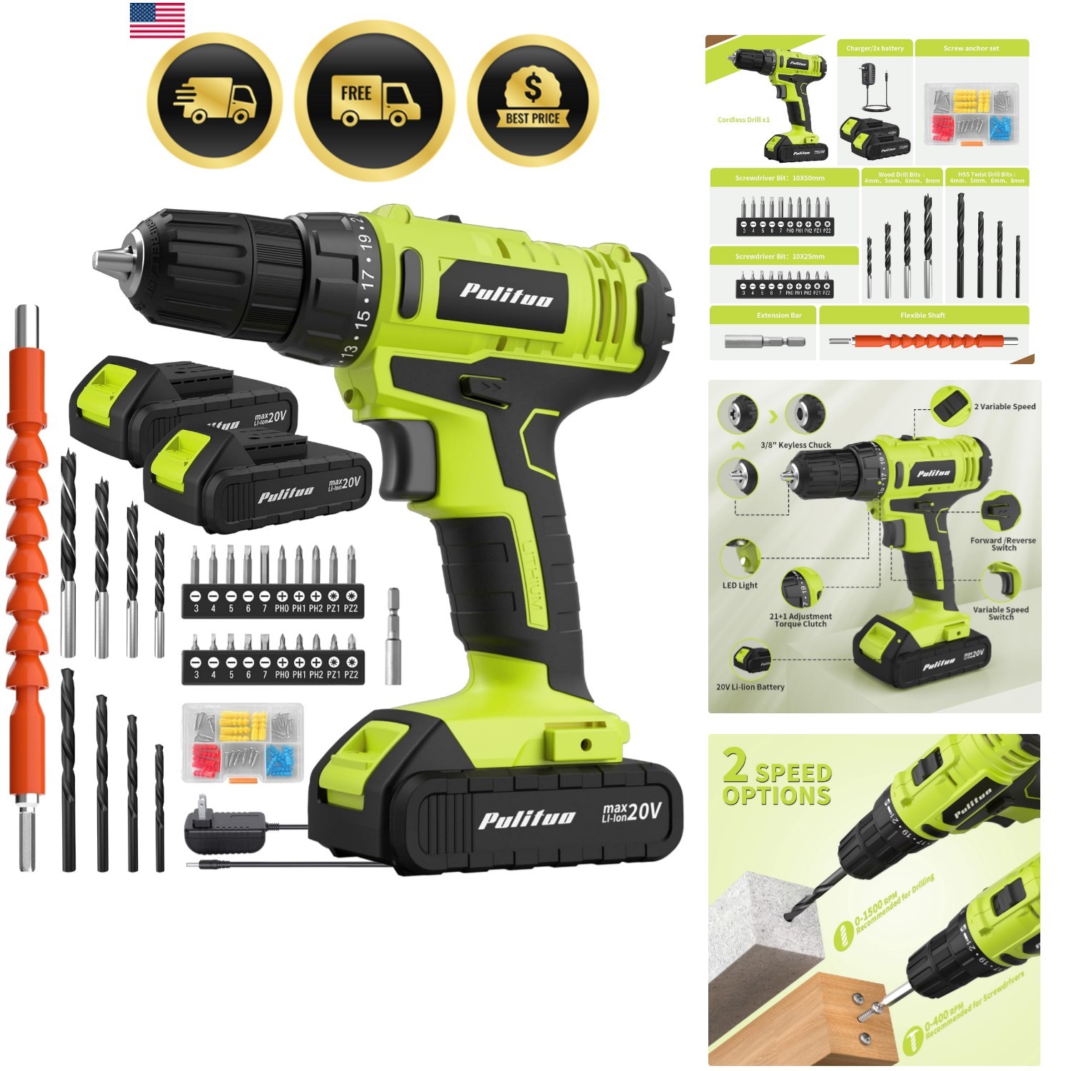 S 20V Cordless Drill/Driver, Electric Screwdriver - 2 Batteries, 30Nm, 21+1 T...