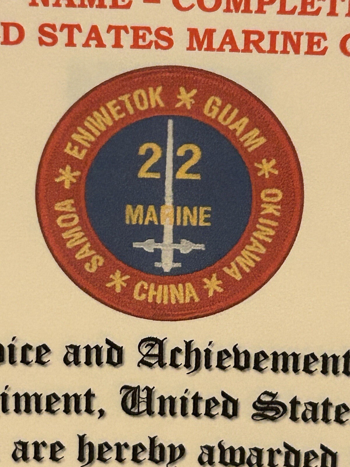 U.S.M.C. / 22ND MARINE REGIMENT - REGIMENTAL COMMENDATION AWARD CERTIFICATE
