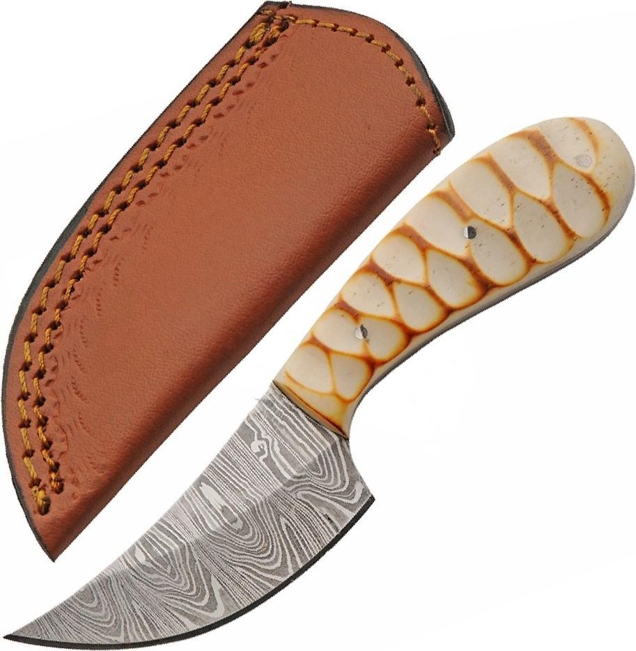 Hunting Knife 2.75in Damascus Steel Blade Bone Handle Full Tang + Leather Sheah