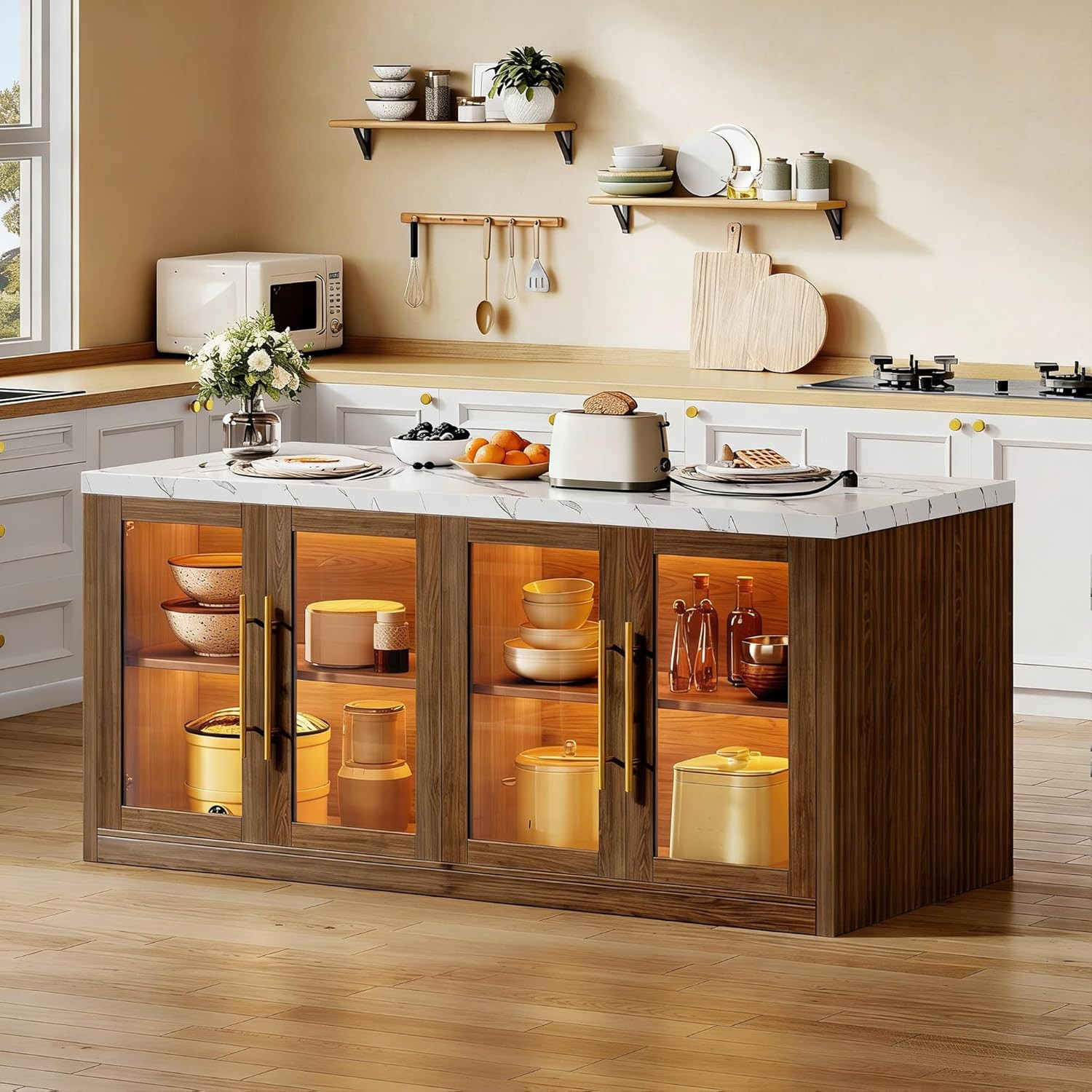 Walnut Kitchen Island with Storage & LED Light, 55" Rolling Breakfast Bar