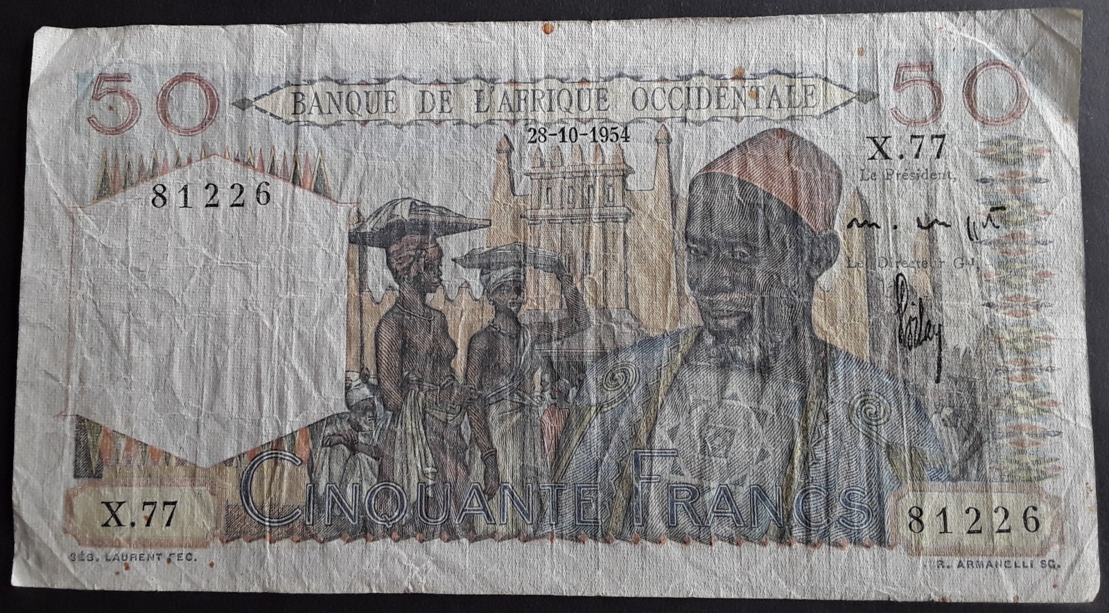 1954 FRENCH WEST AFRICA 50 FRANCS P#39 X.77 81226 BANKNOTE