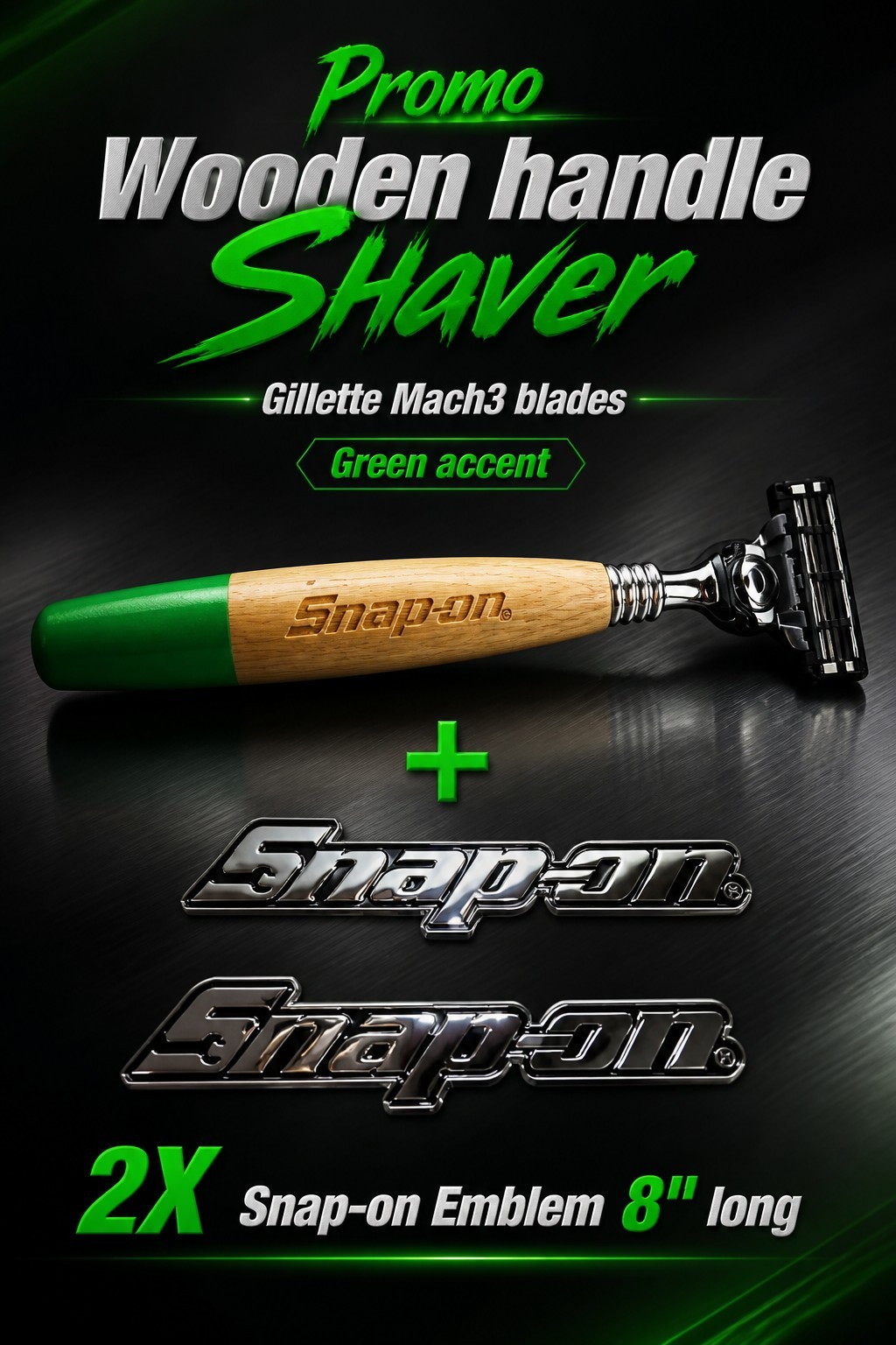 2PK SNAP ON TOOL LOGO EMBLEM Chrome Badge Decal 8"+Green Shaver Gillette Blades