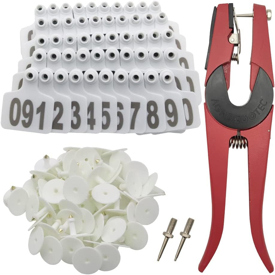 Cattle Ear Tags Numbered 001-100 Plastic Livestock ID Tags for Cows White Kit