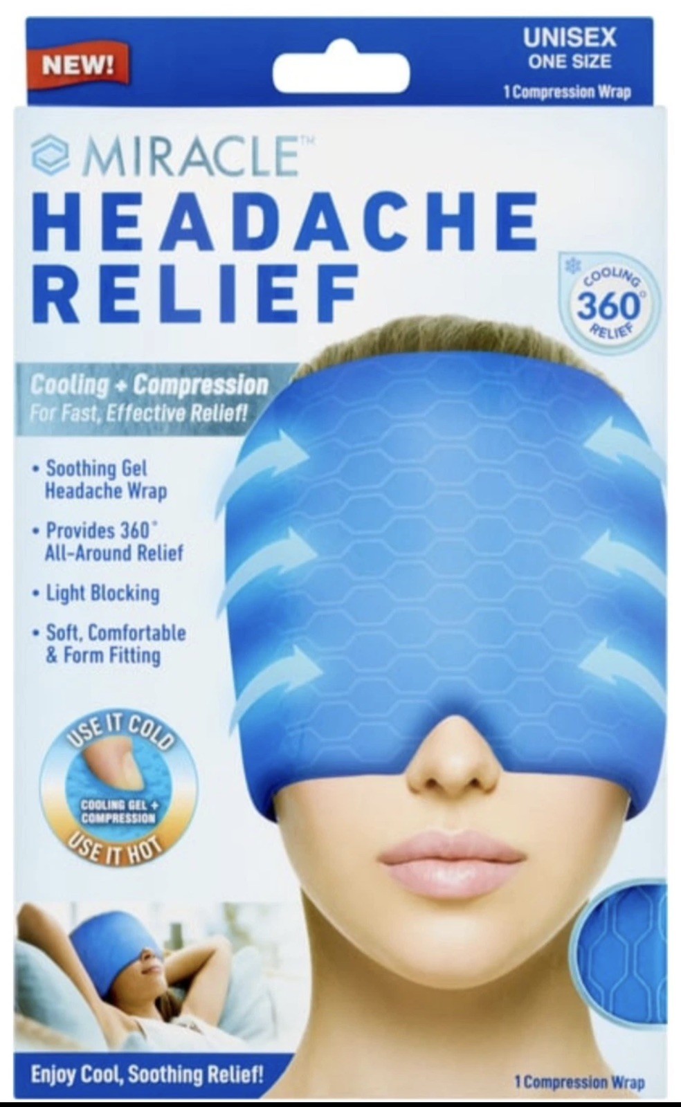 Miracle Headache Relief - Cooling + Compression. Cooling 360° Relief. Box Damag