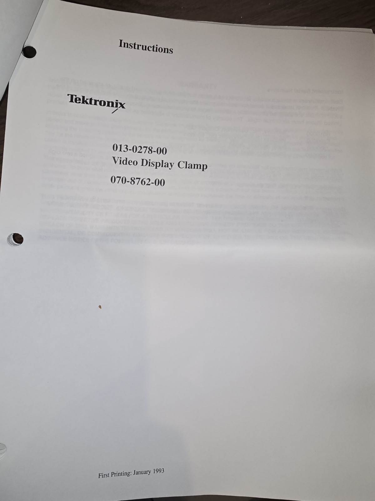 Tek 013-0278-00 Video Display Clamp with instructions