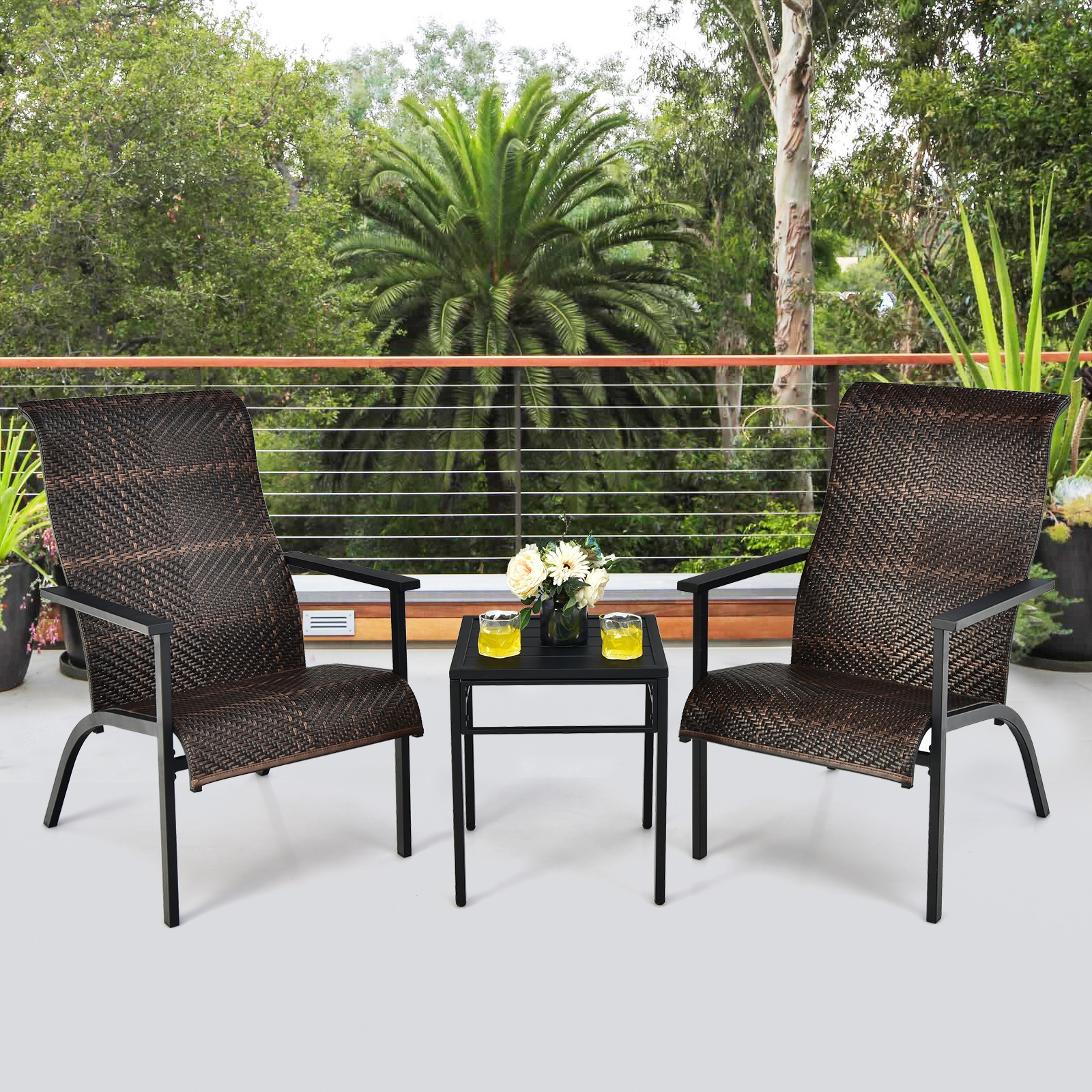 Patiojoy 3 PCS Patio Rattan Bistro Set High Backrest Armrest SideTable Mix Brown
