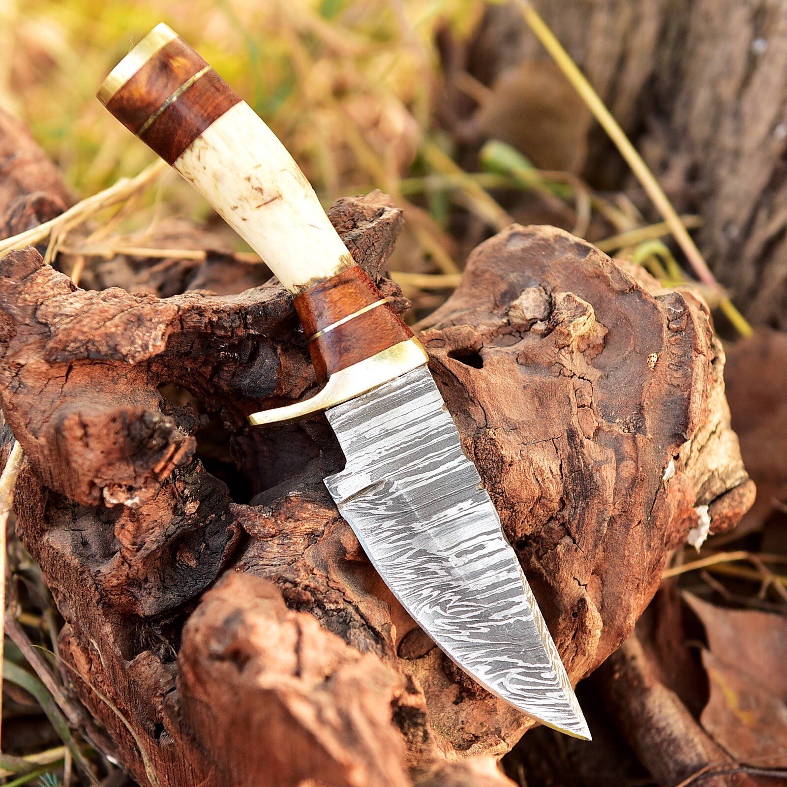 Handmade Damascus Skinning Hunting Fix Blade Knife Stag Antler & Brass Guard 686