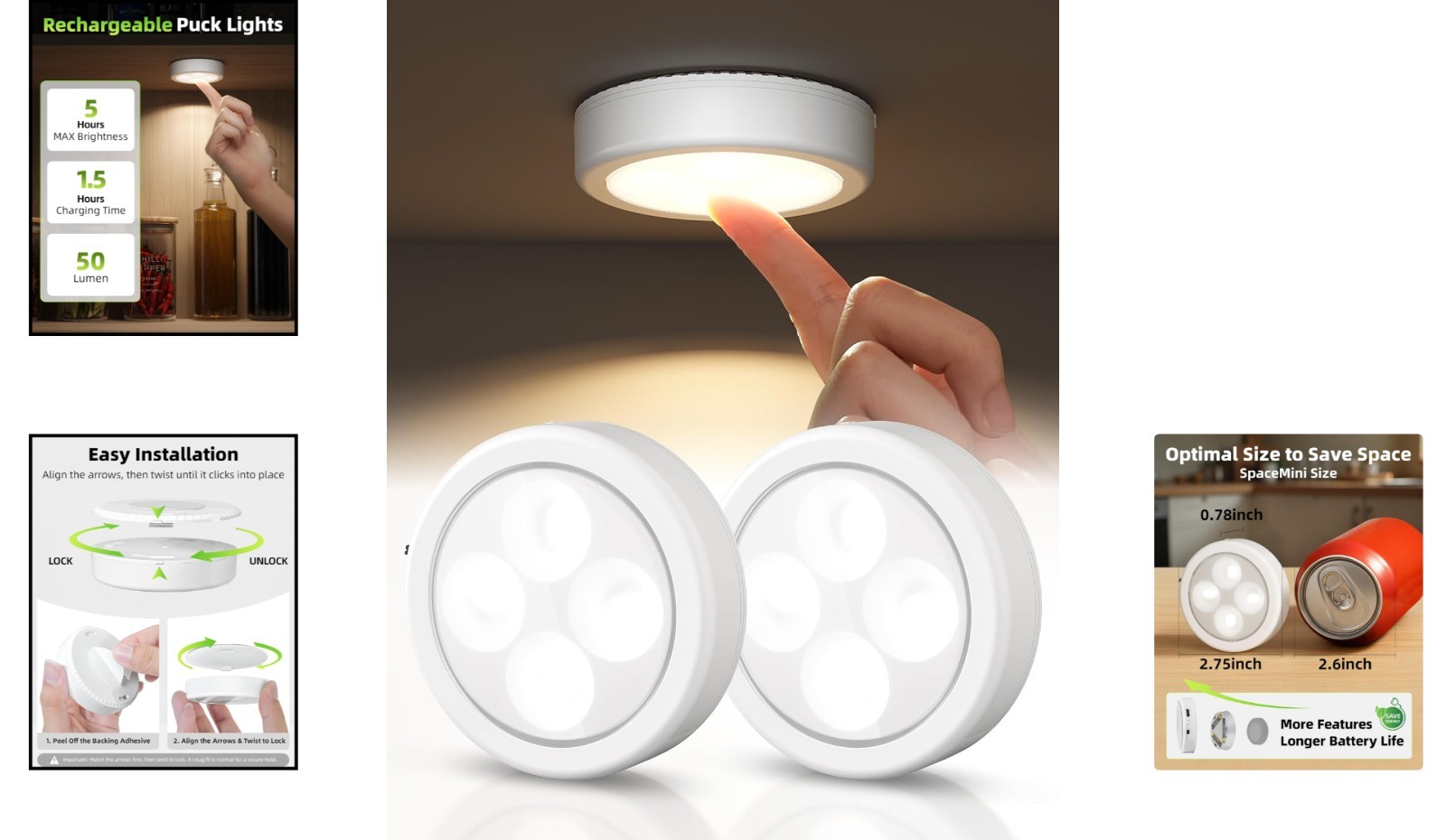 Compact Touch Activated LED Puck Lights - Rechargeable, 3 Color Modes, 2 Pack