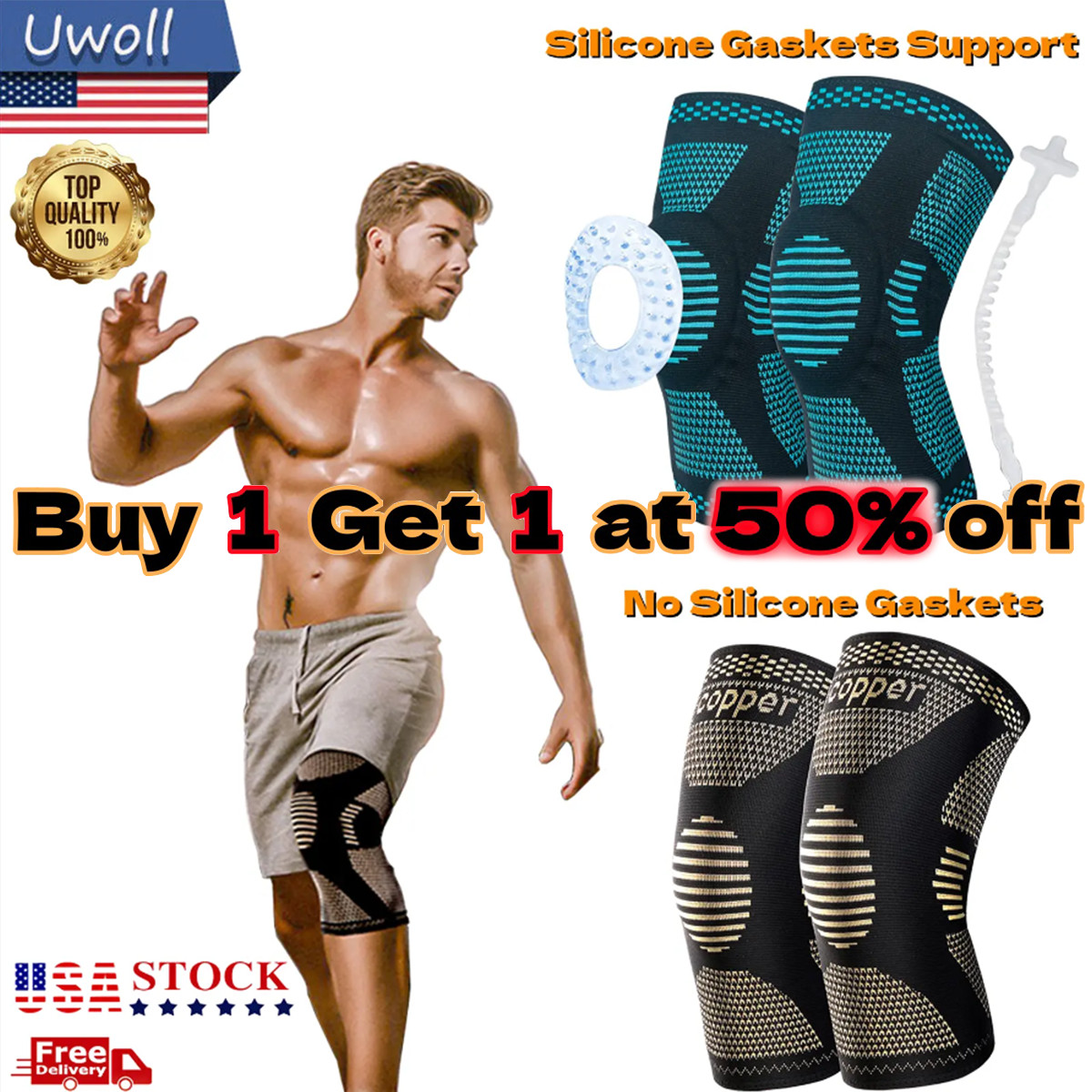 2 Knee Brace Sleeve Compression Support Sport Gym Joint Pain Arthritis Relief